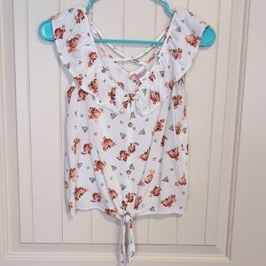 No Boundaries White Floral Tie-Front Blouse